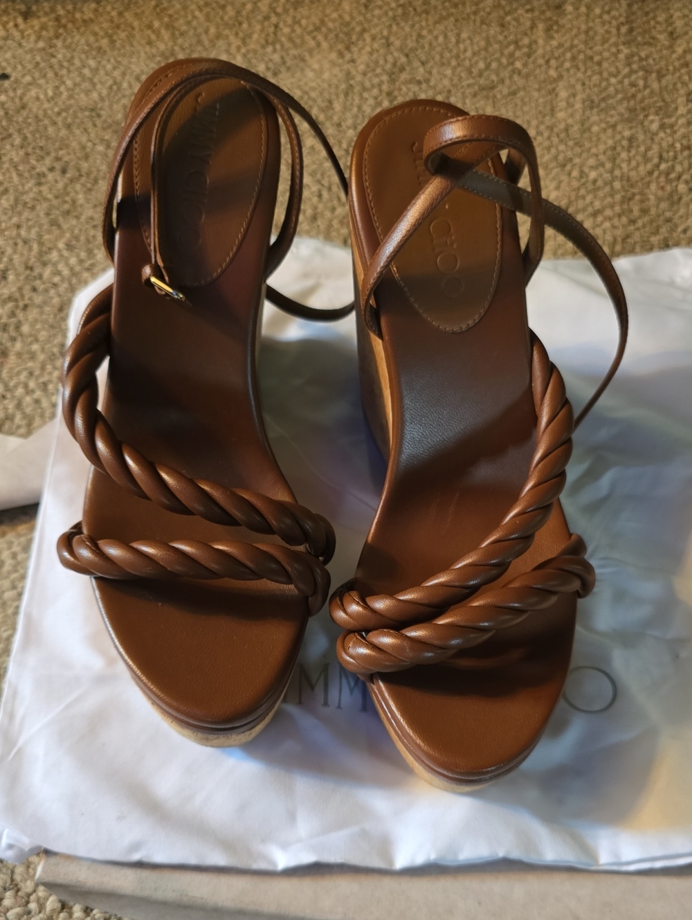 Jimmy Choo Brown Braided Leather Wedge Sandals